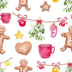 Seamless Pattern of Watercolor Christmas Cookies and Balls