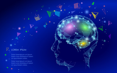 Low poly abstract brain virtual reality concept. Geometric polygonal shapes triangle linear mind imagination dream modern vector illustration active thinking process. Human extra mental intelligence