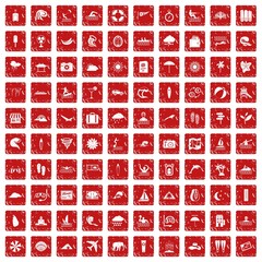 100 surfing icons set grunge red