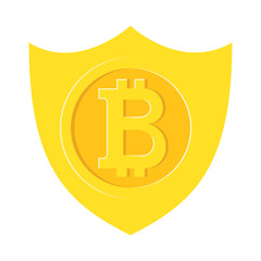 Bitcoin gold coin in shield. Guard buckler bitcoin