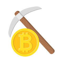 Bitcoin golden coin with pickaxe. Mining bitcoin with kirk