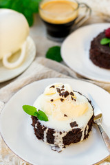 Molten chocolate cake fondant with vanilla ice cream for dessert