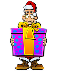 Santa Claus with a gift in a box.