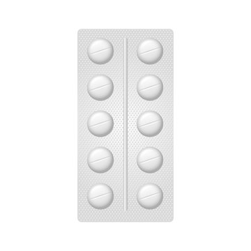 Round-shaped pills in blister pack. Tablet strip isolated on the white background. Medicine and drugs.