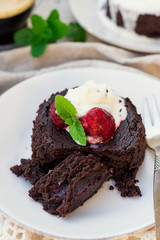 Molten chocolate cake fondant with vanilla ice cream for dessert