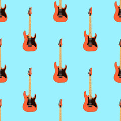 Naklejka premium Seamless electric guitar pattern on light blue background .Music instrument. Flat design Vector Illustration EPS
