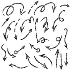 Arrow doodles vector. A set of simple sketches of arrows. Up, down, left, right ones. The effect of a pencil sketch isolated on white background.. Vector eps 10.