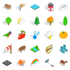 Wildlife sanctuary icons set, isometric style