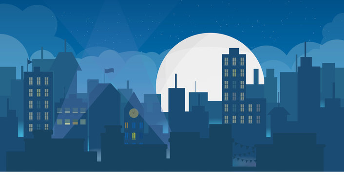 Nighttime Cityscape with Moon and Clouds