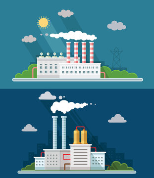 Industrial landscape set. The nuclear power plant and factory on the background of the city. Vector flat illustration