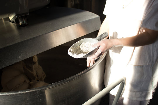 Midsection Of Baker Pouring Flour In Kneading Machine