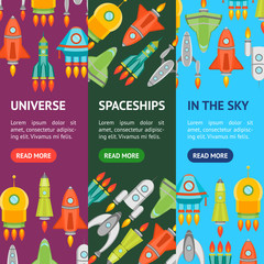 Naklejka premium Cartoon Space Ship or Rocket Banner Vecrtical Set. Vector
