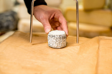 Cutting with wire slicer a young goat cheese at the food store. Close-up view