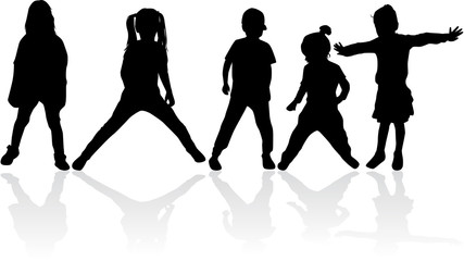Vector silhouette of children on white background.