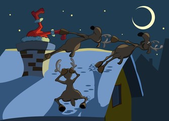 deer pull out Santa Claus from the chimney