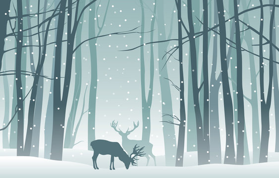 Vector winter landscape with blue silhouettes of trees in the forest and deer with falling snow