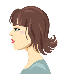 Vector cartoon woman's portrait with fringe and brown hair isolated on white background