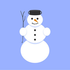 Flat simple winter snowman vector on blue background.