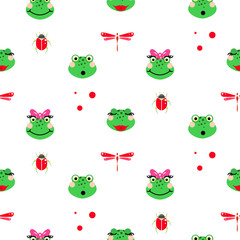 Frogs cartoon green seamless vector pattern with dragonfly and beetle illustration.