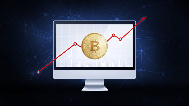 Golden bitcoin coin with bull trading stock chart and rising arrow on computer. Bitcoin Gold and Cash lightning blockchain concept. Cryptocurrency coin icon illustration on polygon peer to peer