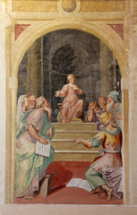 Obraz premium Gesù tra i dottori del tempio; affresco nella chiesa di Santa Maria in Bressanoro, presso Castelleone (Cremona)