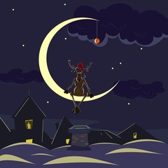 reindeer in santa claus hat sitting on the horn of the moon in the night sky above the roof, christmas