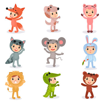 Set of cartoon little kids characters in animal costumes fox, puppy, pig, raccoon, mouse, bunny, lion, crocodile and bear. Isolated flat vector design