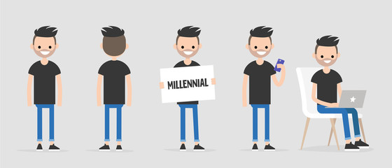 Millennial character in various poses: front and back view, holding a sign, checking the phone, working on a laptop. Lifestyle. Flat editable vector illustration, clip art