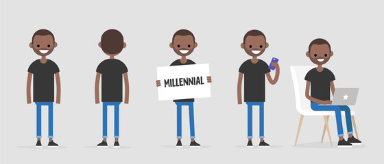 Black millennial character in various poses: front and back view, holding a sign, checking the phone, working on a laptop. Lifestyle. Flat editable vector illustration, clip art