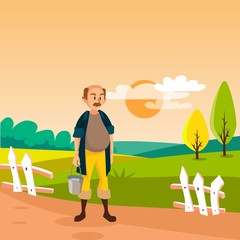 Male farmer standing with bucket, cultivated agriculture field, rural landscape vector Illustration