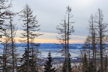 View of a blue plateau from a ski and hiking Hrebienok resort (altitude 1285 m.) located in the High Tatras mountains National park. Slovakia.