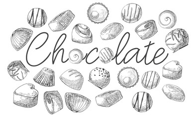 The poster with the inscription lollipop. Hand drawn different sweets. Vector illustration of a sketch style.