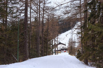 Road to the center of Hrebienok village (altitude 1285 m.) with High Tatra Mountains on the background. Hrebienok is a small ski and hiking resort in the Slovakia.