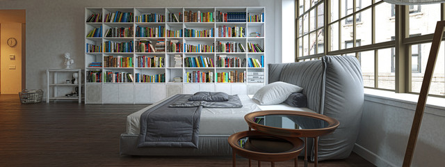 Camera da letto con libreria, illustrazione 3d, rendering