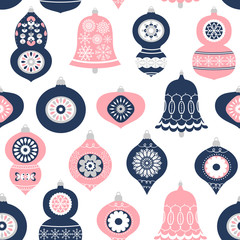 Vector seamless holiday pattern with Christmas ornaments in pink, blue and gray colors for backgrounds and invitations