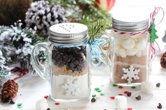 Homemade Chocolate Chip Cookie Mix In A Glass Jar For Xmas Holiday Gift,selective Focus