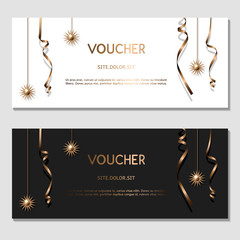 Horizontal gift golden festive design background with glitter and ribbons for invitation, voucher. For a banner, postcards. flyer, label, certificate, company card. Vector.