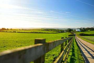 Fence casting shadows on a road leading to small house between scenic Cornish fields under blue...