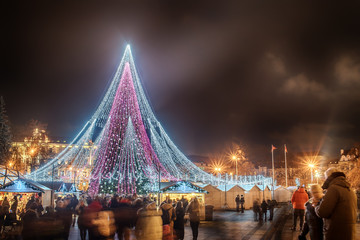 Vilnius, Lithuania: Christmas tree and decorations in Cathedral Square, night view