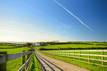 Fototapeta na wymiar Fence casting shadows on a road leading to small house between scenic Cornish fields under blue sky, Cornwall, England