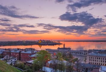 Cityscape of Nizhny Novgorod  to the Volga River and the mouth of the Oka River  in the twilight after sunset