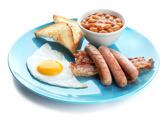 Fried egg, sausages, bacon and beans on white background