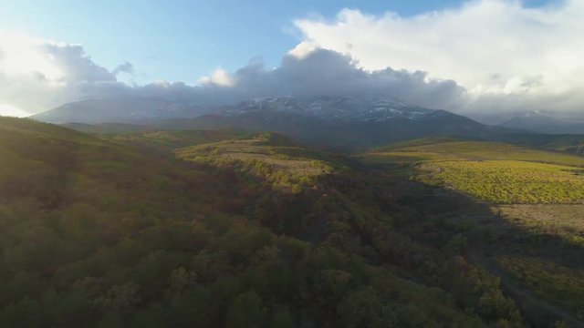 Flying over beautiful green forest and dale in sunny day. Mountain on background. Beautiful world concept. Aerial view.