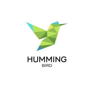 Hummig bird geometrical sign, calibri abstract polygonal vector logo template. Origami green color low poly wild animal icon.