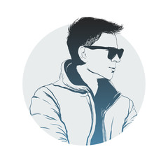 Handsome young adult men in sunglasses. Hand drawing vector illustration silhouette style. Boy fashion portrait man