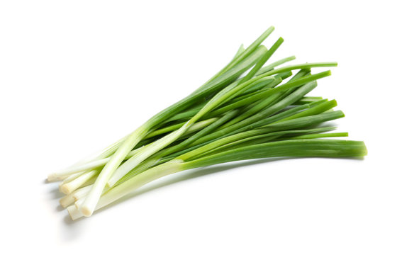 Fresh raw green onion on white background