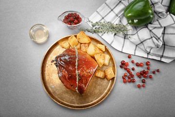 Composition with traditional sliced honey baked ham on table