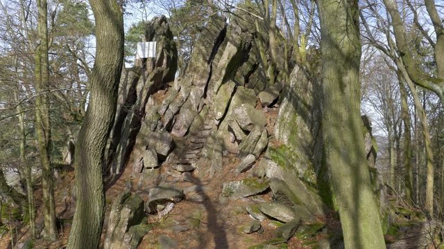 Man walks through rocks in forest