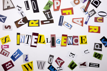 A word writing text showing concept of INTELLIGENCE made of different magazine newspaper letter for Business case on the white background with copy space