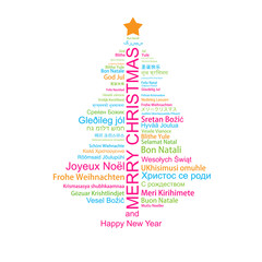 Merry Christmas and Happy New Year in different languages in the shape of Christmas three, celebration word tag cloud greeting card, vector art